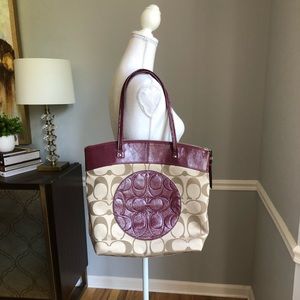 Coach Laura Khaki Berry Purple Sateen Tote F18335